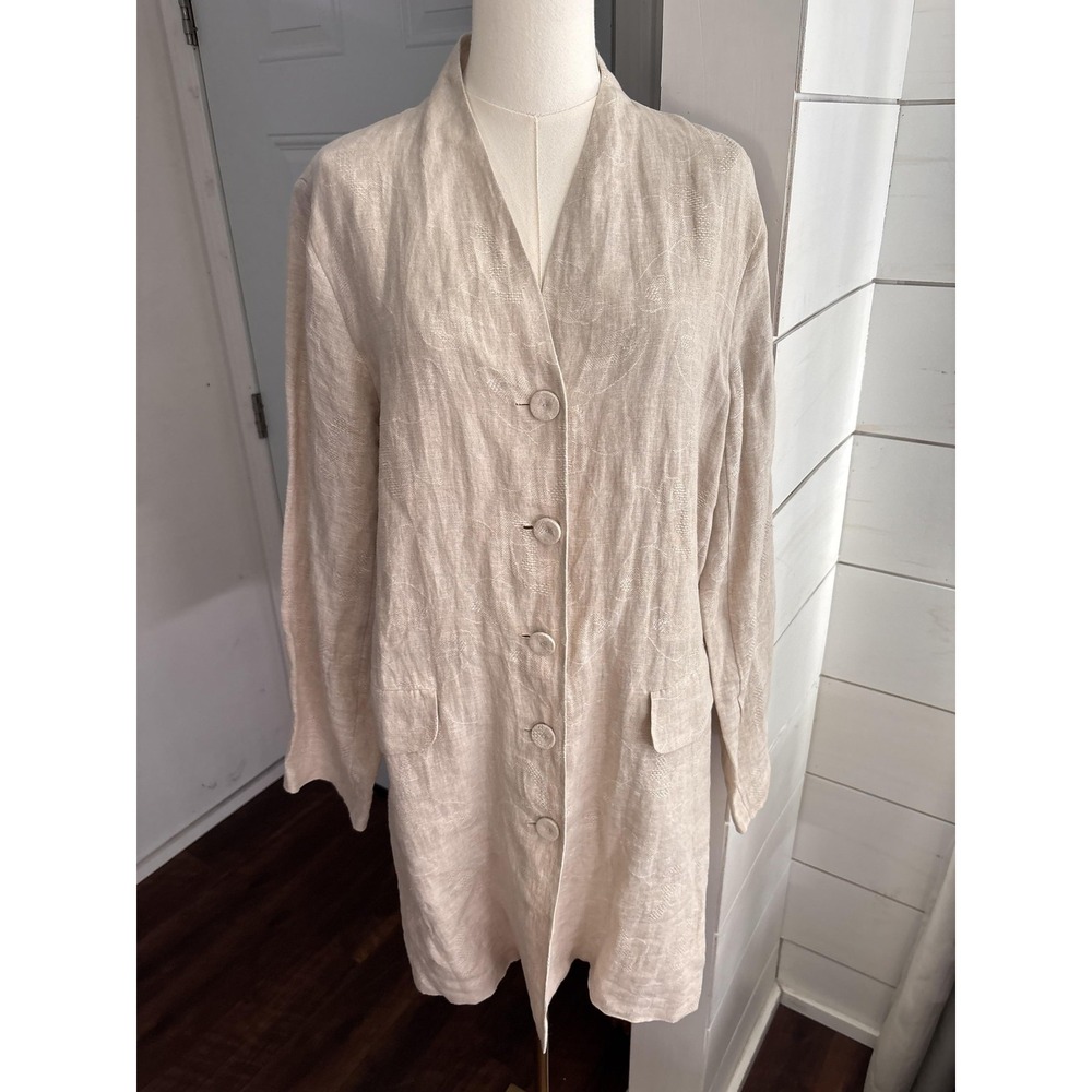 Eileen Fisher Jacket Womens Large Beige Linen Button Front Longline Duster - Picture 1 of 7